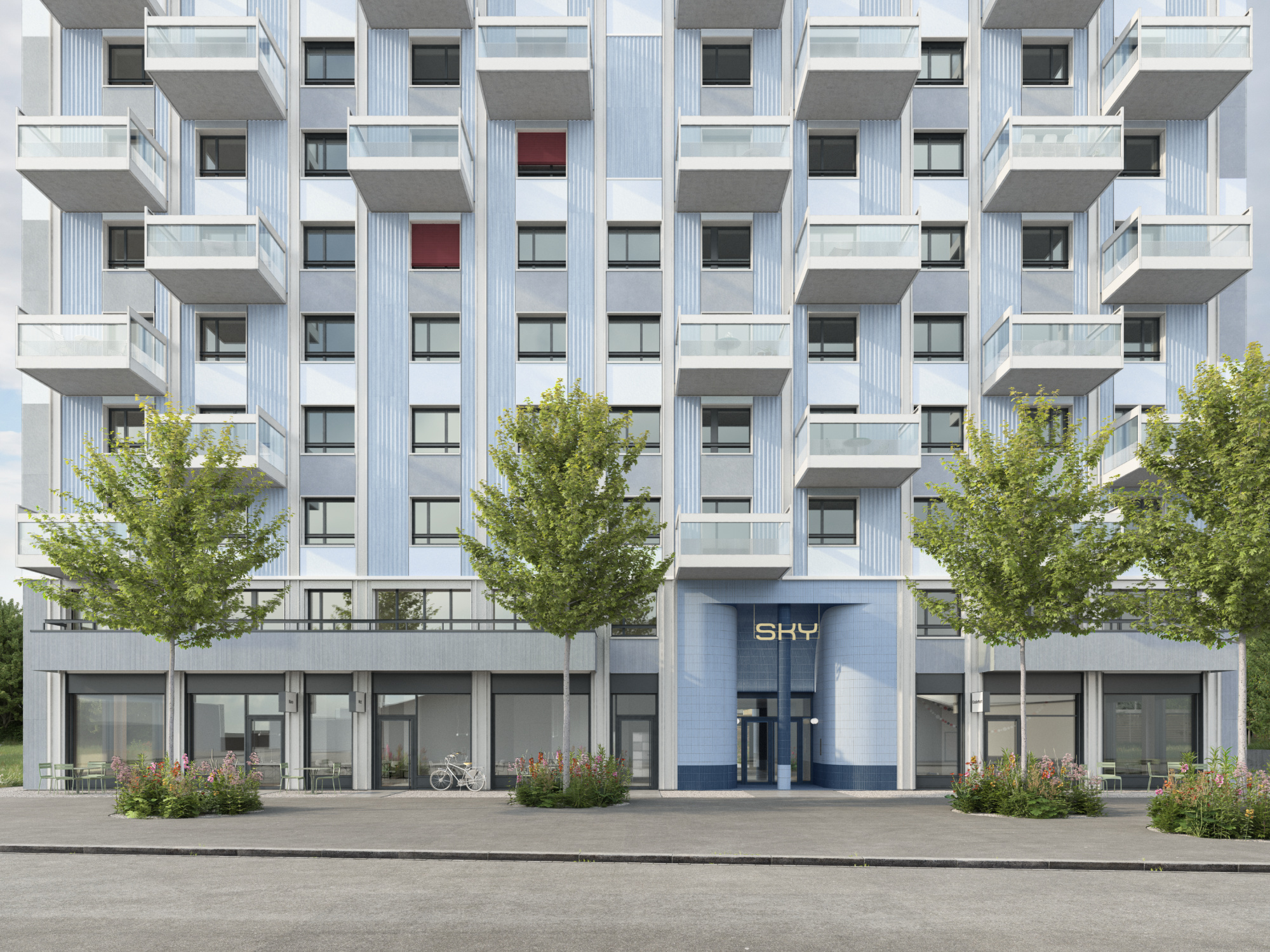 Eingang und Fassade, Wohnhochhaus Sky, Visualisierung Indievisual