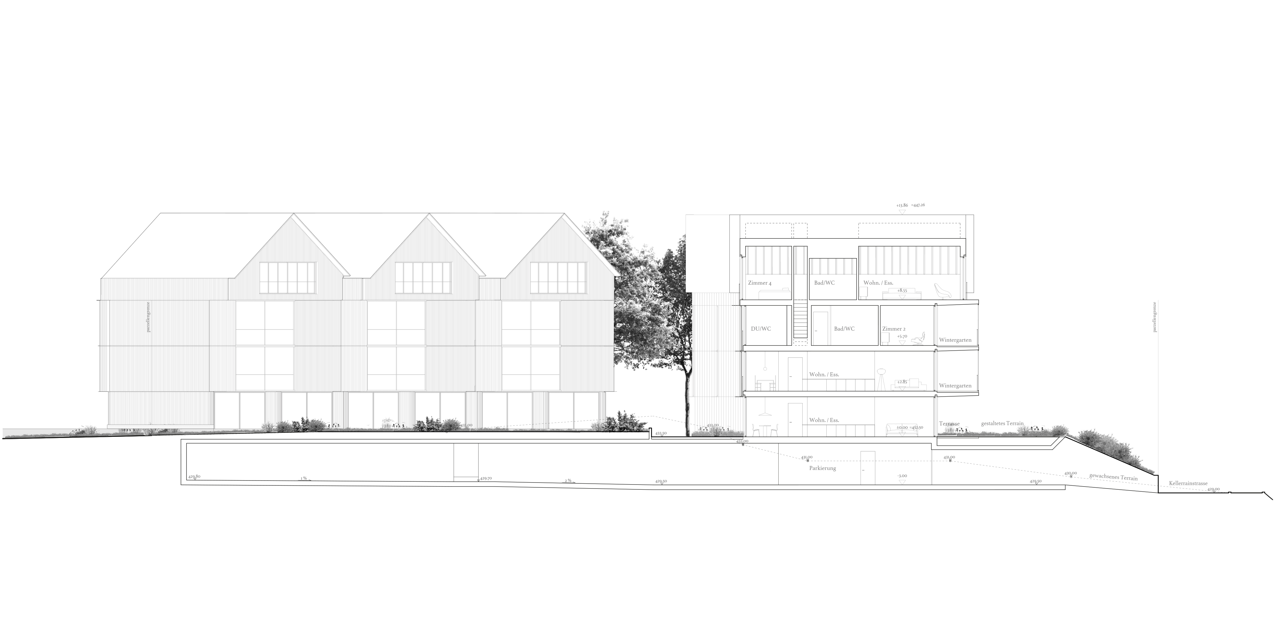 Wohnüberbauung Kellerrain, Obfelden, Schnitt 1  © Stücheli Architekten 