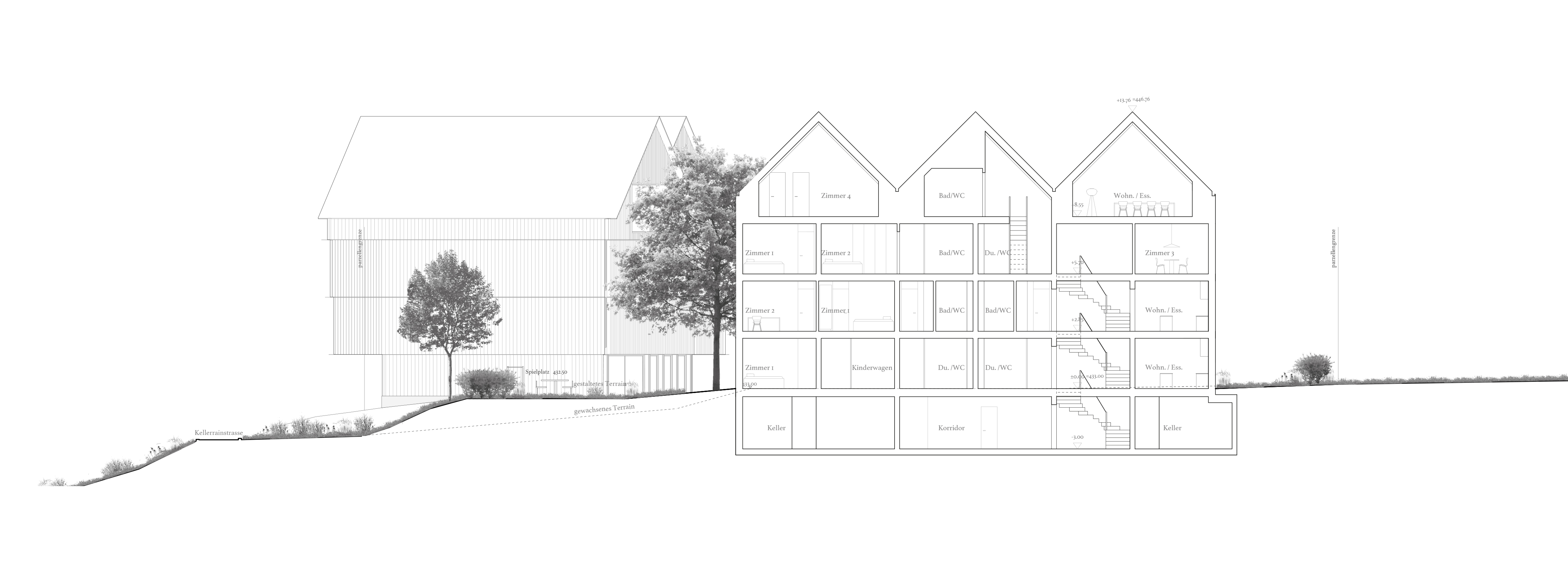Wohnüberbauung Kellerrain, Obfelden, Schnitt 2  © Stücheli Architekten 